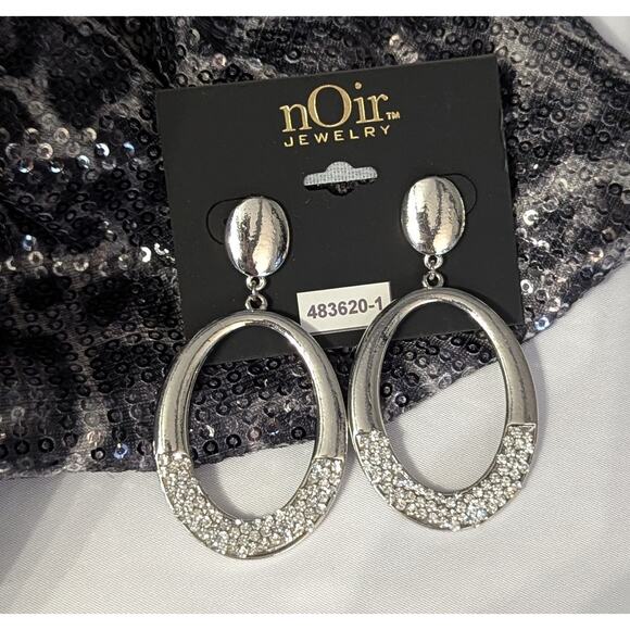 Oval Mottled Silver Rhinestone Hoop Earrings by nOir - Picture 5 of 5